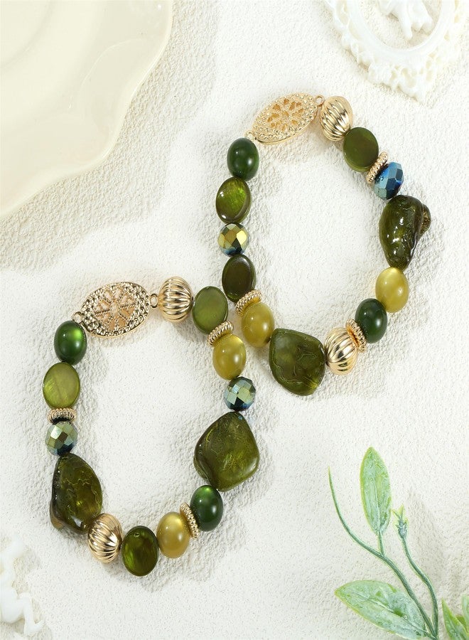Xalroco Chunky Natural Shell Stone Beaded Stretch Bracelet Stack for Women, Classy Boho Jewelry Gift (olive green) - Image 3
